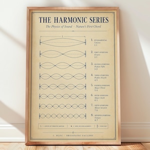 Op de afbeelding: Een ingelijste educatieve poster getiteld The Harmonic Series: The Physics of Sound, Nature's First Chord. Het toont acht genummerde diagrammen van trillende golven met bijbehorende muzikale intervallen, verhoudingen en labels op een beige achtergrond.