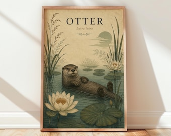 Otter Wall Art, Vintage Nature Print, River Otter Botanical Poster