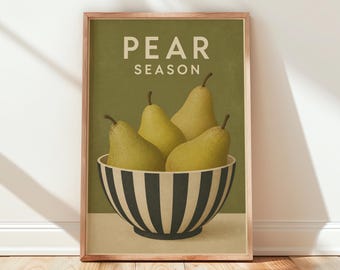 Stampa per la cucina a tema "Stagione delle pere" - Illustrazione vintage di una fruttiera, decorazione per cucina e sala da pranzo.