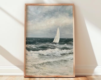 Oil Painting Sailboat Print, Stormy Seascape Wall Art, Nautical Home Decor