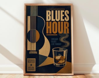 Poster musicale Blues Hour Chicago, stampa retrò da jazz bar, chitarra e whisky da parete, stile vintage da club musicale di metà secolo