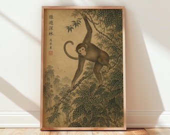 Chinese Monkey Painting, Asian Jungle Wall Art, Vintage Nature Print