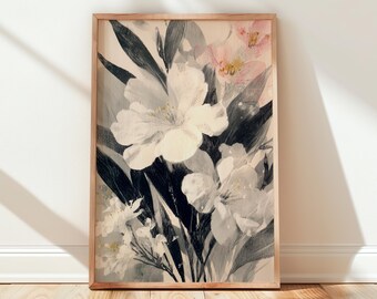 Black and White Floral Wall Art, Abstract Botanical Print, Elegant Home Decor