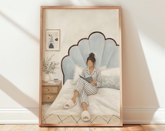 Woman Reading in Bed Fine Art Print, Cozy Bedroom Illustration, Striped Pyjamas Faceless Figure, Soft Neutral Wall Art