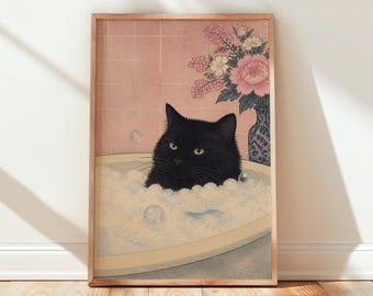 Black Cat in Bubble Bath Japanese Woodblock Style Print Pink Bathroom Wall Art Floral Cat Poster