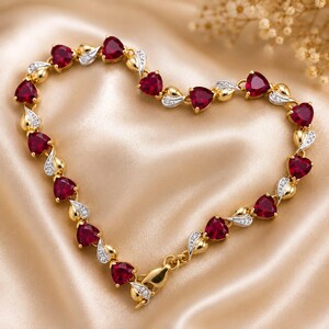 5CT Lab Created Ruby & Diamond Women's Tennis Bracelet 14K Yellow Gold Plated, Heart Link Bracelet, Romantic Gift for Her, Handmade Jewelry