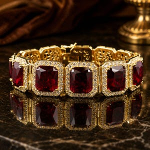 11CT Lab Created Ruby & Diamond Men's Tennis Bracelet 14K Yellow Gold Plated, Link Bracelet, Gift for Him,  Hiphop Bracelet, Rapper Bracelet