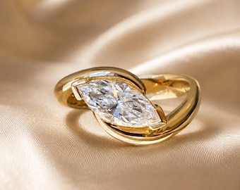 2CT Marquise Cut Lab Created Diamond Engagement Bypass Women's Ring 14K Yellow Gold Plated, Bridal Silver Ring, Promise Ring, Gift for Her