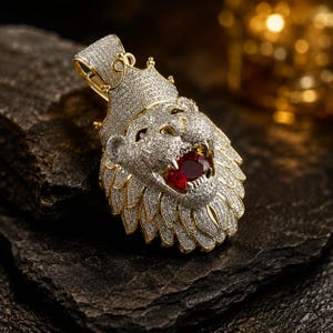 May include: A gold-toned lion head pendant featuring a crown, fully encrusted with small white stones. The lion has a large, oval-shaped red stone set in its open mouth, with additional red stones serving as eyes, all set against a textured metal base.
