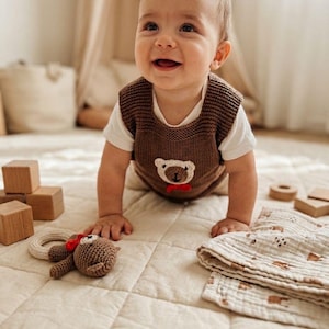 Hand Knitted Baby Vest, Teddy Bear Embroidered, Neutral Newborn Knitwear, Baby Shower Gift