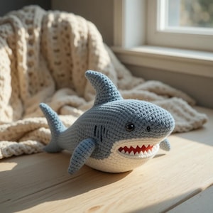 Può includere: Uno squalo di peluche all'uncinetto con la parte superiore azzurra e il ventre bianco. Il giocattolo presenta una pinna dorsale prominente, una pinna caudale, pinne laterali e una bocca spalancata che mostra una fila di denti bianchi appuntiti.