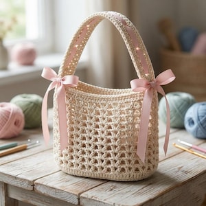 Può includere: Un cestino all'uncinetto color crema con un motivo a maglia traforata e un unico manico ad arco. Il manico è intrecciato con un nastro di raso rosa chiaro e due fiocchi in raso rosa chiaro abbinati sono legati alla base di ogni lato del manico.