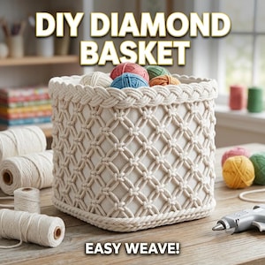 May include: A square off-white macrame basket with a diamond-patterned weave and a braided rim. The basket contains several colorful yarn balls. Text reads DIY DIAMOND BASKET and EASY WEAVE. Spools of white cord and a glue gun sit nearby.