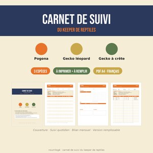 Carnet de Suivi Reptile à Imprimer | Pogona Gecko Léopard Gecko à Crête | Tracker Santé Repas Mue Poids | PDF + Version Remplissable