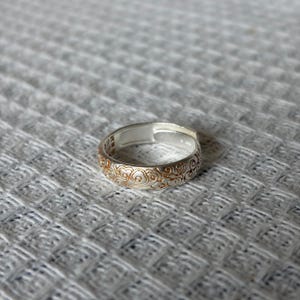 999 Fine Silver Scrollwork Ring, Adjustable Band, Gold Tone Cloud Pattern, Artisan Jewelry