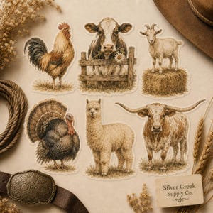 May include: A collection of six farm animal stickers featuring a rooster, a cow behind a fence, a goat on hay, a turkey, an alpaca, and a longhorn steer. The stickers are arranged on a neutral surface with a belt, rope, and wheat accents.
