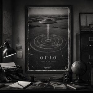 May include: A black and white poster featuring a flying saucer hovering over a field with a crop circle, labeled OHIO USA. The artwork includes a beam of light descending from the craft, with text at the bottom and a vintage office setting.