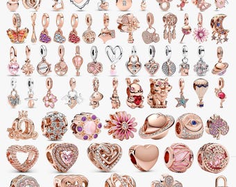 Rose gold crystal heart-shaped animal and floral pendant, compatible with Pandora bracelets; sterling silver plated bead pendant.