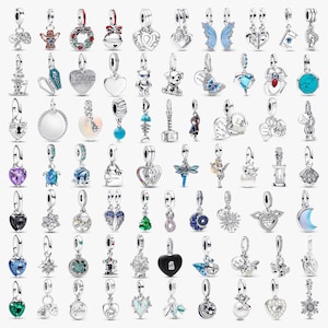 May include: A collection of silver-toned metal charms featuring various designs including hearts, animals, celestial motifs, flowers, and gemstones. Each charm includes a small loop for attachment, showcasing intricate details, colorful enamel accents, and clear crystals.