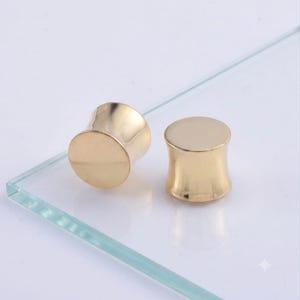 Op de afbeelding: Twee goudkleurige oorplugs met een gladde, gepolijste afwerking. Elk stuk heeft een cilindrische vorm met licht uitlopende uiteinden en een plat, cirkelvormig oppervlak, ontworpen als sieraad voor lichaamspiercings.
