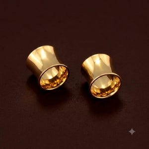Op de afbeelding: Een paar gepolijste goudkleurige oorplugs met een gladde, uitlopende cilindrische vorm. Deze sieraden hebben een reflecterend, metalen oppervlak dat het licht opvangt, met een hol midden en een brede, afgeronde rand aan beide uiteinden.