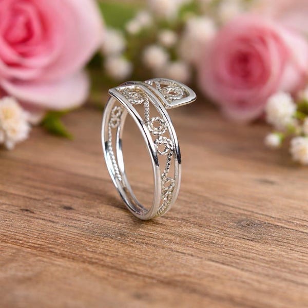 Öppen wrap-ring i sterlingsilver med filigranblad, justerbart boho-armband, handgjorda smycken
