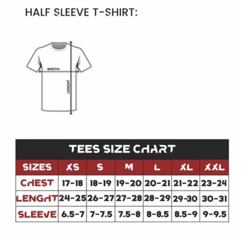 May include: A black and white diagram of a half sleeve t-shirt with arrows indicating width and length measurements. Below is a size chart titled TEES SIZE CHART with columns for XS to XXL, listing chest, length, and sleeve measurements in inches.