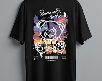 Customized Summer Vibe Graphic Tee DTF Print Aesthetic Bear Sunset Cotton T-Shirt Streetwear Unisex Summer Gift Back Print Shirt
