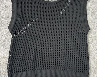 Handmade Black Crochet-Style Vest with Safety Pin Details
