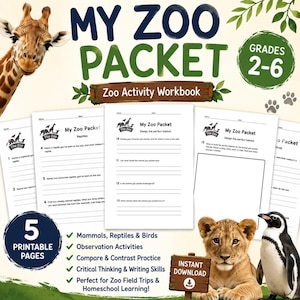 Pacchetto di attività stampabili per lo zoo / Quaderno di lavoro per la gita allo zoo / Schede di osservazione degli animali / Attività scientifica per l'istruzione domiciliare / PDF per le classi dalla seconda alla sesta elementare