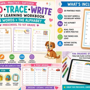 Read Trace Write Workbook | 154 Sight Words + Alphabet Practice | Preschool, Pre-K, Kindergarten, 1st Grade Printable | Homeschool Worksheet