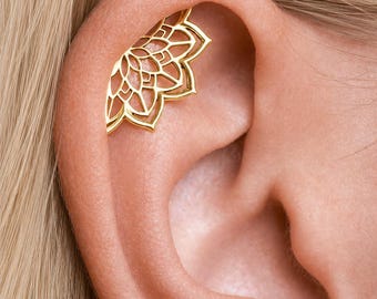 Bohemian Lotus Flower Helix Earring, Sterling Silver Cartilage Piercing Jewelry