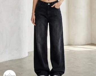 Korean Vintage Baggy Jeans Unisex High Waist Wide Leg Denim Pants Y2K Streetwear Loose Fit Straight Black Trousers Men Women