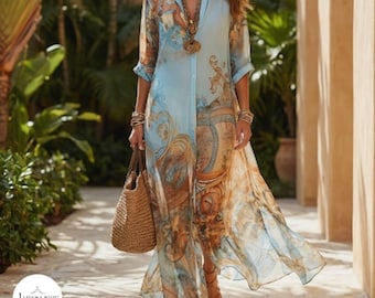 Elegant Chiffon Shirt Dress Women Boho Floral Digital Print Maxi Dress Casual Flowy Summer Beach Vacation Button Down Long Dress