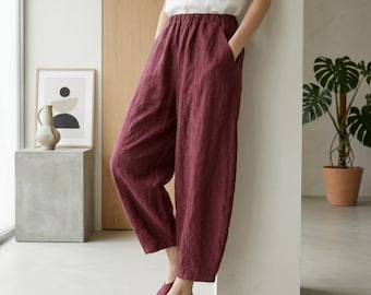 Pantaloni harem da donna in cotone e lino, estivi, vestibilità ampia, vita elasticizzata, gamba larga a nove punti, stile boho casual, artistico, minimalista, comodi.