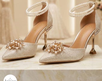 Luxus Perle Perlen High Heels Frauen Spitze Toe Hochzeitsschuhe Elegante Stiletto Pumps Braut Party Schuhe Bankett Abendkleid Heels