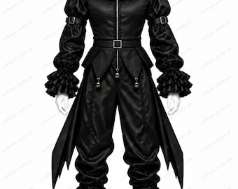 May include: A black jester-style costume featuring a hooded top with a ruffled collar, long sleeves with ruffled cuffs, and a front zip. The outfit includes matching trousers with pointed hem details, a belt, and black lace-up boots.