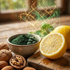 Peut inclure: Un bol en céramique rempli de poudre de spiruline vert foncé et de petits comprimés ronds, accompagné d'un citron jaune coupé en deux, de noix entières et d'amandes. Un effet lumineux doré émane du bol, mettant en valeur les ingrédients naturels.