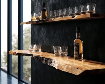 Natural Live Edge Wood Floating Whiskey Shelf