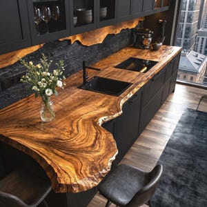 Op de afbeelding: Een keuken met een houten aanrechtblad met een natuurlijke houtnerf en een boomstamrand, gecombineerd met matzwarte kasten, een zwarte spoelbak en een zwarte kraan. Een glazen vaas met witte bloemen staat op het aanrechtblad bij een mixer.