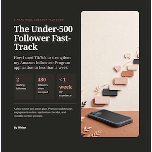 May include: A digital guide titled The Under-500 Follower Fast-Track, A Practical Creator Playbook by Mirian. The dark gray cover features white text detailing a TikTok strategy for the Amazon Influencer Program, with a smartphone and floating icons.