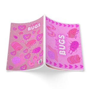 Cuaderno de tapa blanda con ilustraciones de bichitos enamorados / Libro de tapa blanda con diseños de criaturas rosas y caprichosas