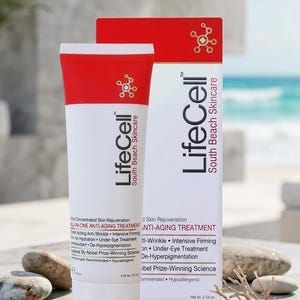 May include: A white and red LifeCell South Beach Skincare tube and matching rectangular box. The packaging features the text All-In-One Anti-Aging Treatment, Concentrated Skin Rejuvenation, and Net wt. 2.54 oz. The branding includes a small molecule icon.