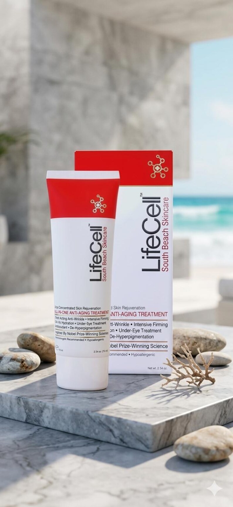 May include: A white and red LifeCell South Beach Skincare tube and matching rectangular box. The packaging features the text All-In-One Anti-Aging Treatment, Concentrated Skin Rejuvenation, and Net wt. 2.54 oz. The branding includes a small molecule icon.