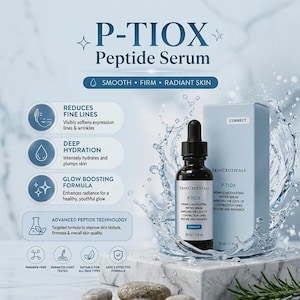 May include: A dark glass dropper bottle and a light blue box of SkinCeuticals P-TIOX Peptide Serum, 30 ml, surrounded by a water splash effect. The background features text detailing benefits like reducing fine lines and deep hydration.