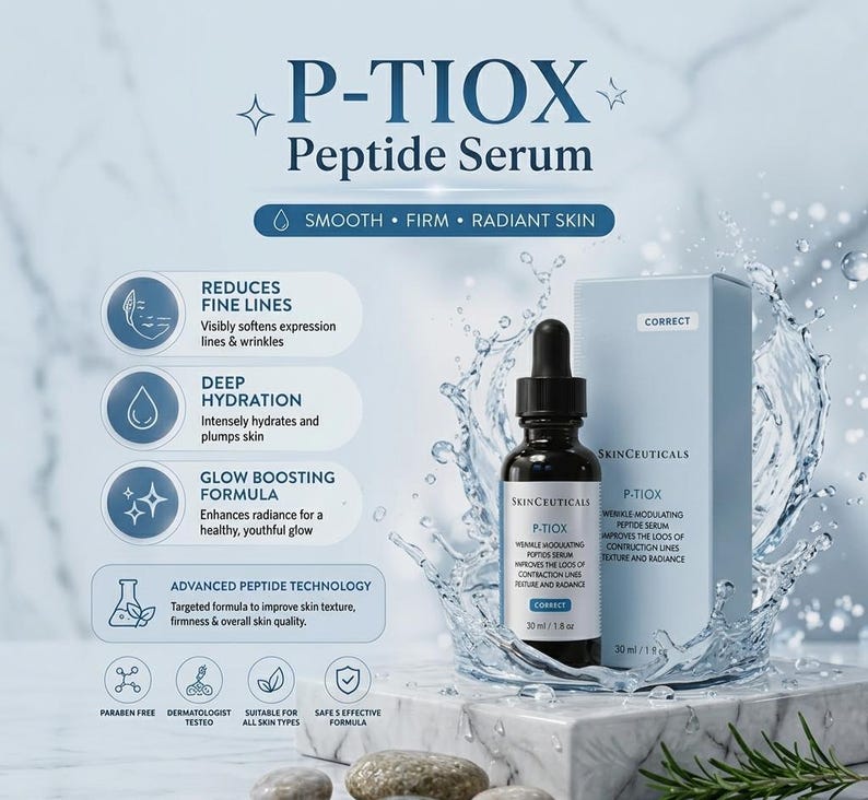 May include: A dark glass dropper bottle and a light blue box of SkinCeuticals P-TIOX Peptide Serum, 30 ml, surrounded by a water splash effect. The background features text detailing benefits like reducing fine lines and deep hydration.