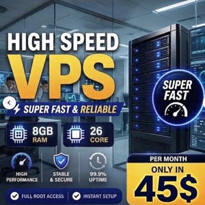 Puede incluir: Un anuncio de rack de servidores con el texto HIGH SPEED VPS, SUPER FAST & RELIABLE, 8GB RAM, 26 CORE y PER MONTH ONLY IN 45$. El gráfico incluye iconos de alto rendimiento, estable y seguro, 99.9% de tiempo de actividad y acceso root.
