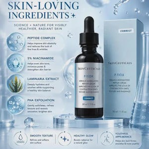May include: A dark glass dropper bottle and a light blue box of SkinCeuticals P-TIOX wrinkle-modulating peptide serum, 1 fl oz. The packaging lists ingredients like peptide complex, 5% niacinamide, laminaria extract, and PHA exfoliation.
