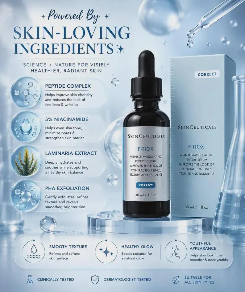 May include: A dark glass dropper bottle and a light blue box of SkinCeuticals P-TIOX wrinkle-modulating peptide serum, 1 fl oz. The packaging lists ingredients like peptide complex, 5% niacinamide, laminaria extract, and PHA exfoliation.