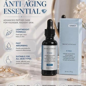 May include: A dark glass dropper bottle and a light blue box of SkinCeuticals P-TIOX wrinkle-modulating peptide serum. The packaging displays the text: Your Daily ANTI-AGING ESSENTIAL, 30 ml / 1 fl oz, and lists benefits like lightweight formula, fast absorbing, and all skin types.